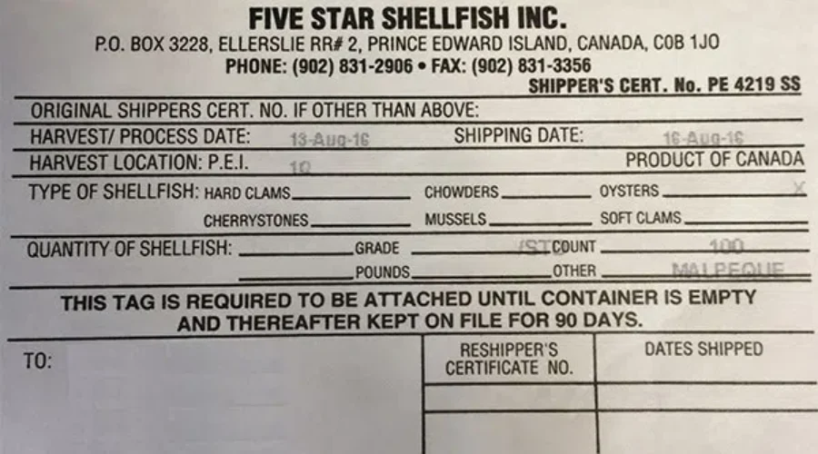 CFIA Recalls Five Star Shellfish Oysters Harvested In PEI