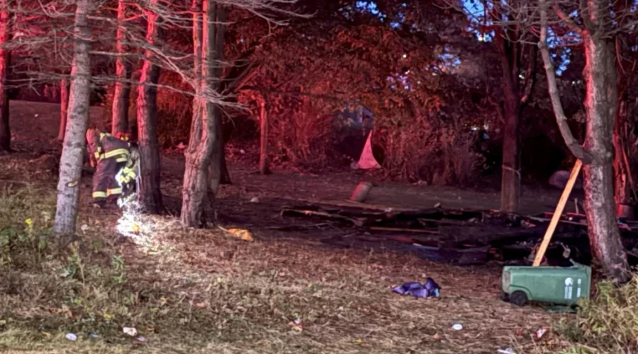 Fire destroys structure at homeless encampment