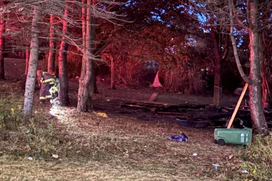 Fire destroys structure at homeless encampment